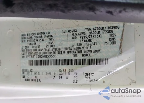 2003 Ford E-150 Commercial z USA, uszkodzony, nr VIN 1FTRE14203HB53560